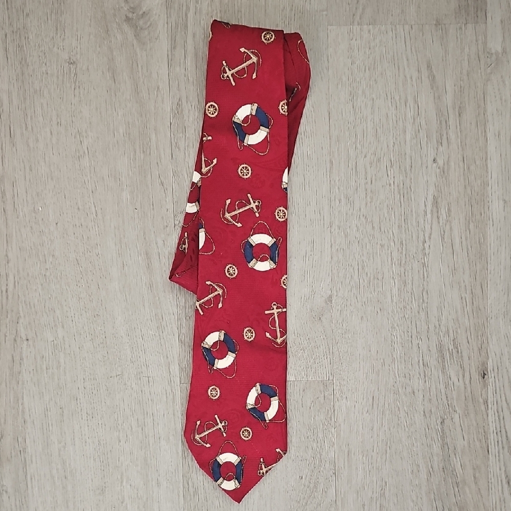 Nautical Red Tie with Anchors and Lifebuoys
